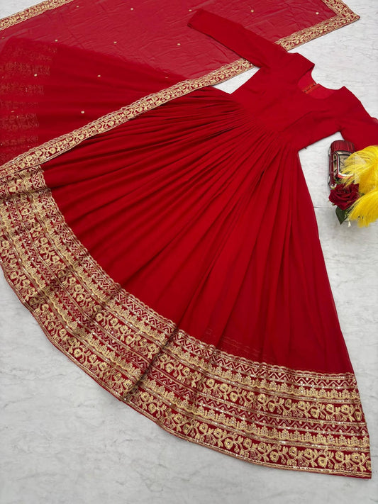 Red Fox Georgette Embroidered Anarkali Gown with Dupatta (Fully Stitched)