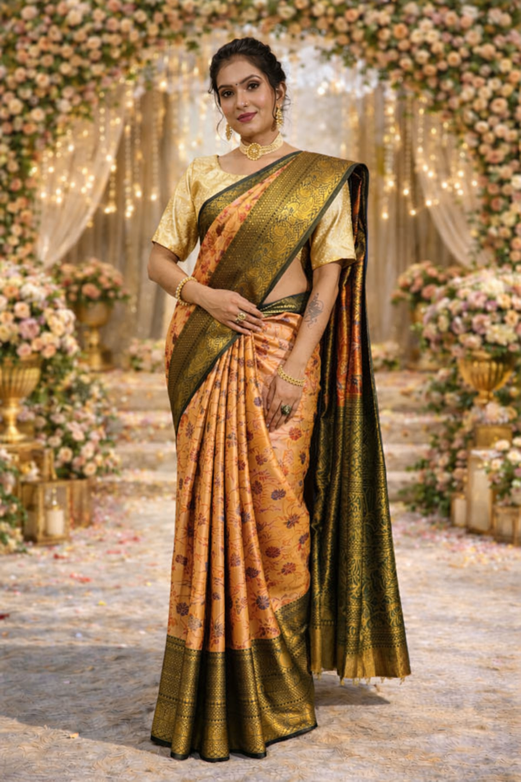 Pure Kanjivaram Silk Saree With Rich Zari Weaving & Contrast Border