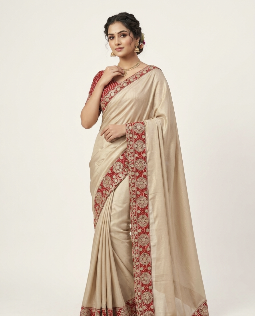 Traditional Silk Saree with Rich Red Woven Border – Festive & Wedding Wear (2 Colors)