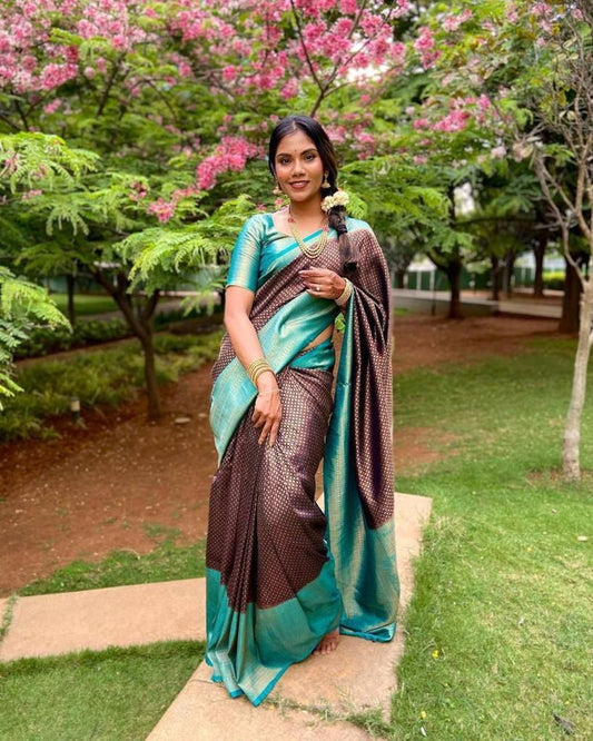 Teal Brown Silk Saree