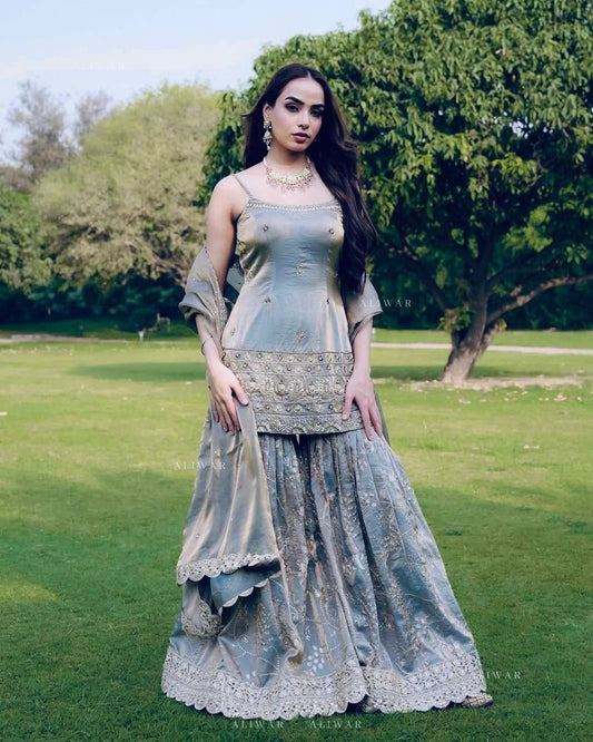 Women's Jimmy Choo Organza Embroidered Sharara Suit Set with Dupatta – Designer Party Wear