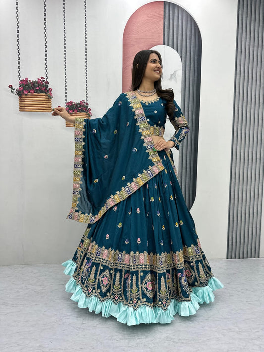 Designer Vichitra Silk Embroidered Lehenga Choli with Sequence Work Dupatta