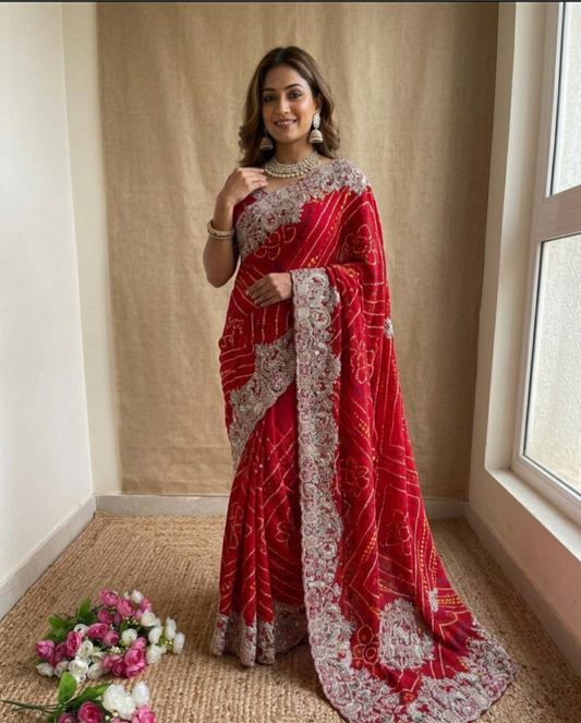 Bandhej Gota Patti Work Saree in Soft Georgette with Heavy Embroidery Border