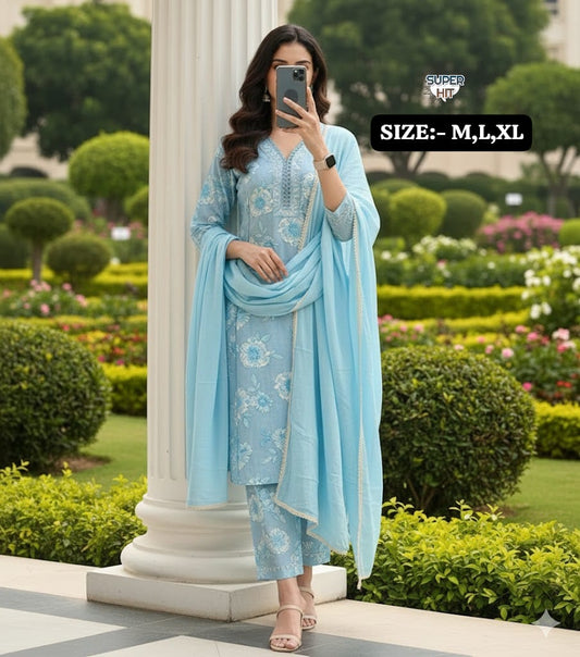 Premium Embroidered Cotton Kurti Pant Dupatta Set – Festival Wear Designer Suit for Women