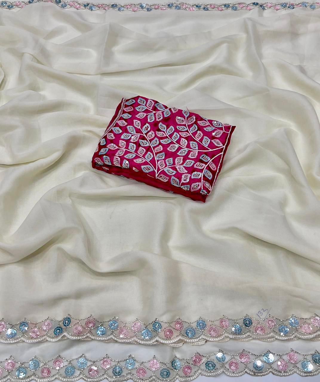 White Star Satin Georgette Handwork Saree