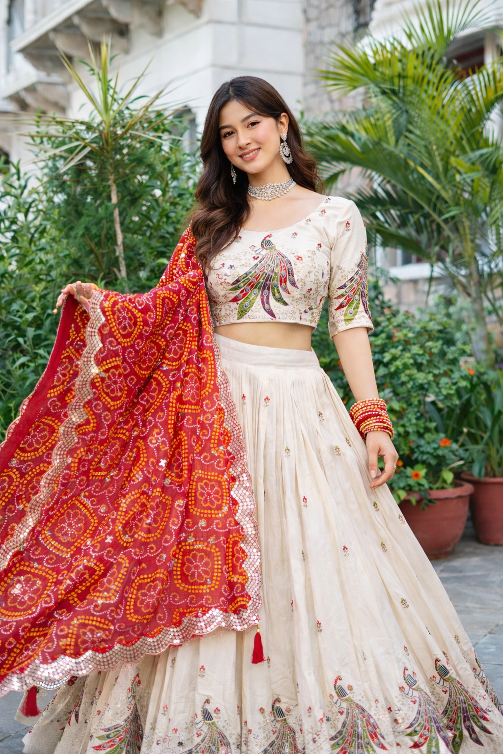 Festival Tissue Silk Lehenga Choli with Embroidery Sequence Work & Bandhej Dupatta
