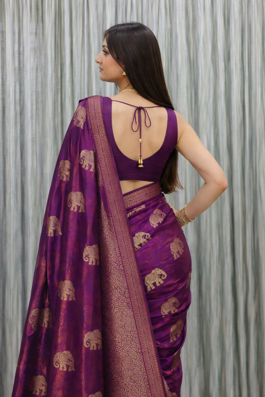 Purple Elephant Motif Jacquard Saree