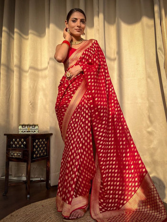 Red Gold Buti Saree