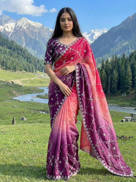 Gold Crush Embroidery Sequence Work Saree With Fully Stitched Blouse (5 Colours)