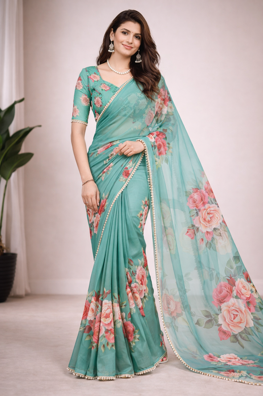 Floral Digital Print Georgette Saree With Pearl Lace Border