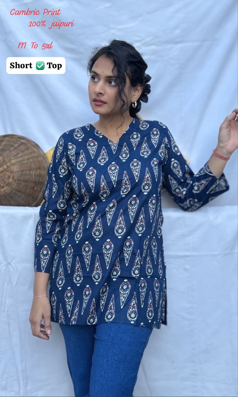 Jaipuri Cambric Cotton Printed Short Top for Women | Casual Tunic | V-Neck Daily Wear (M-5XL)