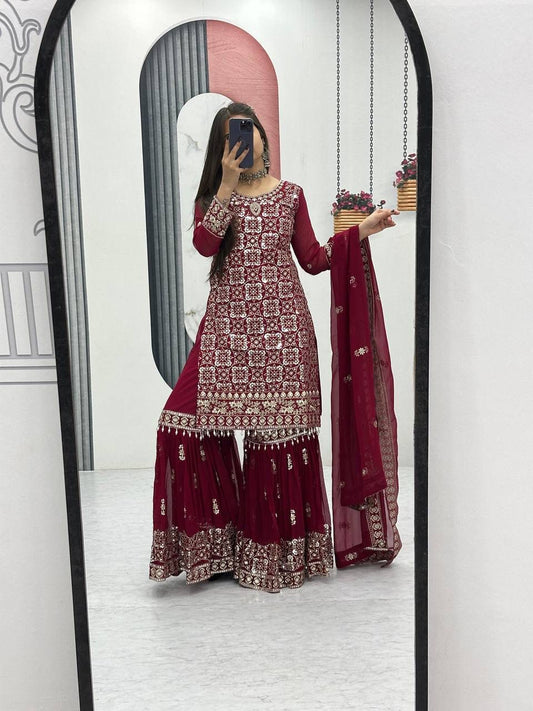 Designer Party Wear Embroidered Top Sharara & Dupatta Set for Women