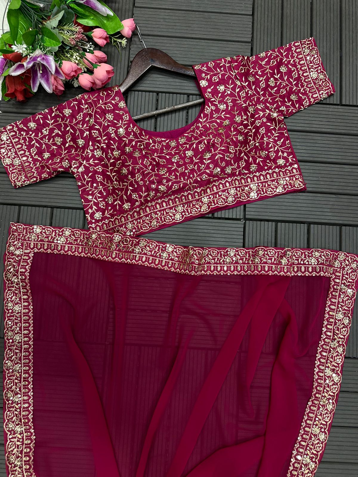 Designer Ruffle Lehenga Saree with Stitched Embroidered Blouse