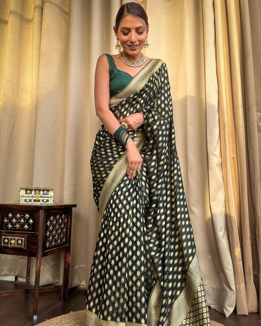 Dark Green Gold Buti Saree