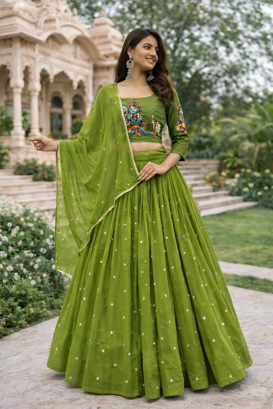 Women Kalamkari Print Lehenga Choli with Georgette Lehenga & Embroidered Dupatta