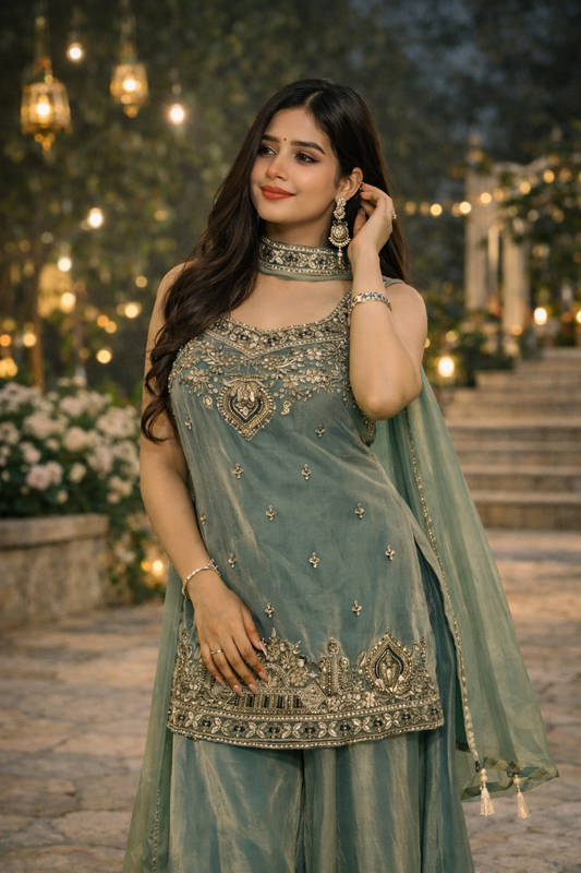 Heavy Two Tone Fendy Silk Sharara Suit With Embroidery Sequins Work & Dupatta