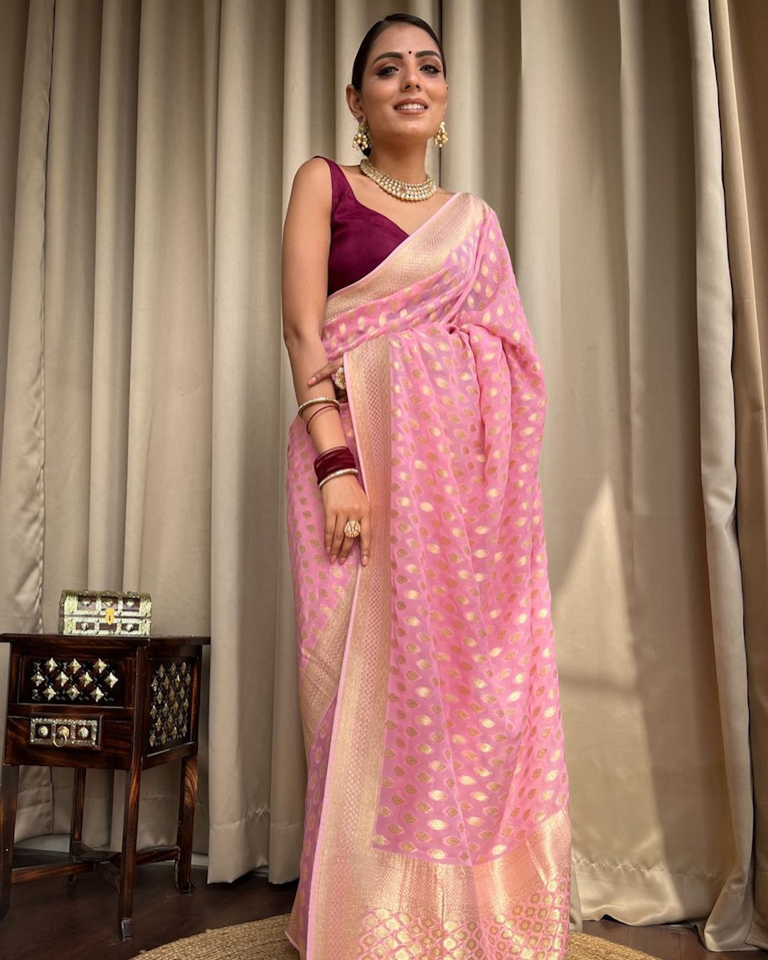 Pink Gold Buti Saree