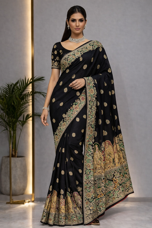 Pure Silk Meenakari Foil Print Designer Saree With Contrast Blouse