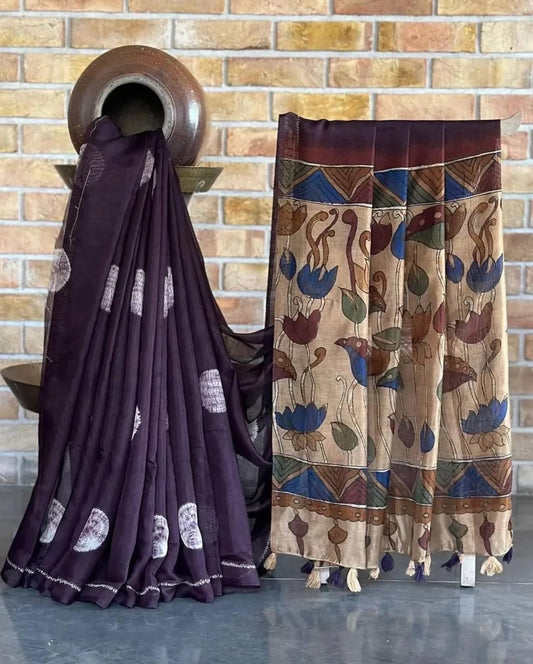 Linen Kalamkari Print Saree With Digital Print & Tassels