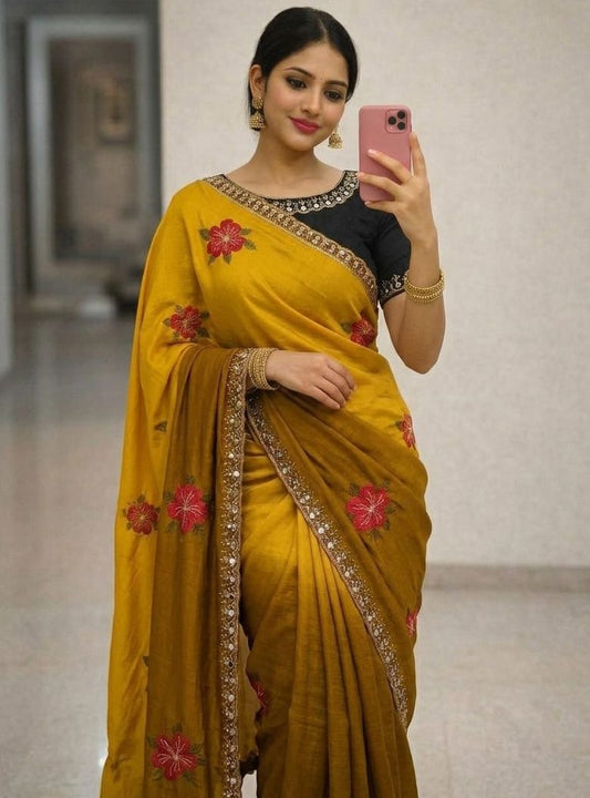 Soft Chinon Dual Shade Silk Saree with Embroidery & Mirror Work