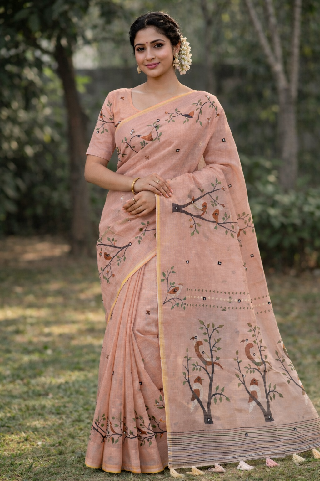 Elegant Soft Linen Cotton Printed Saree with Kalamkari Pallu & Mirror Work Blouse