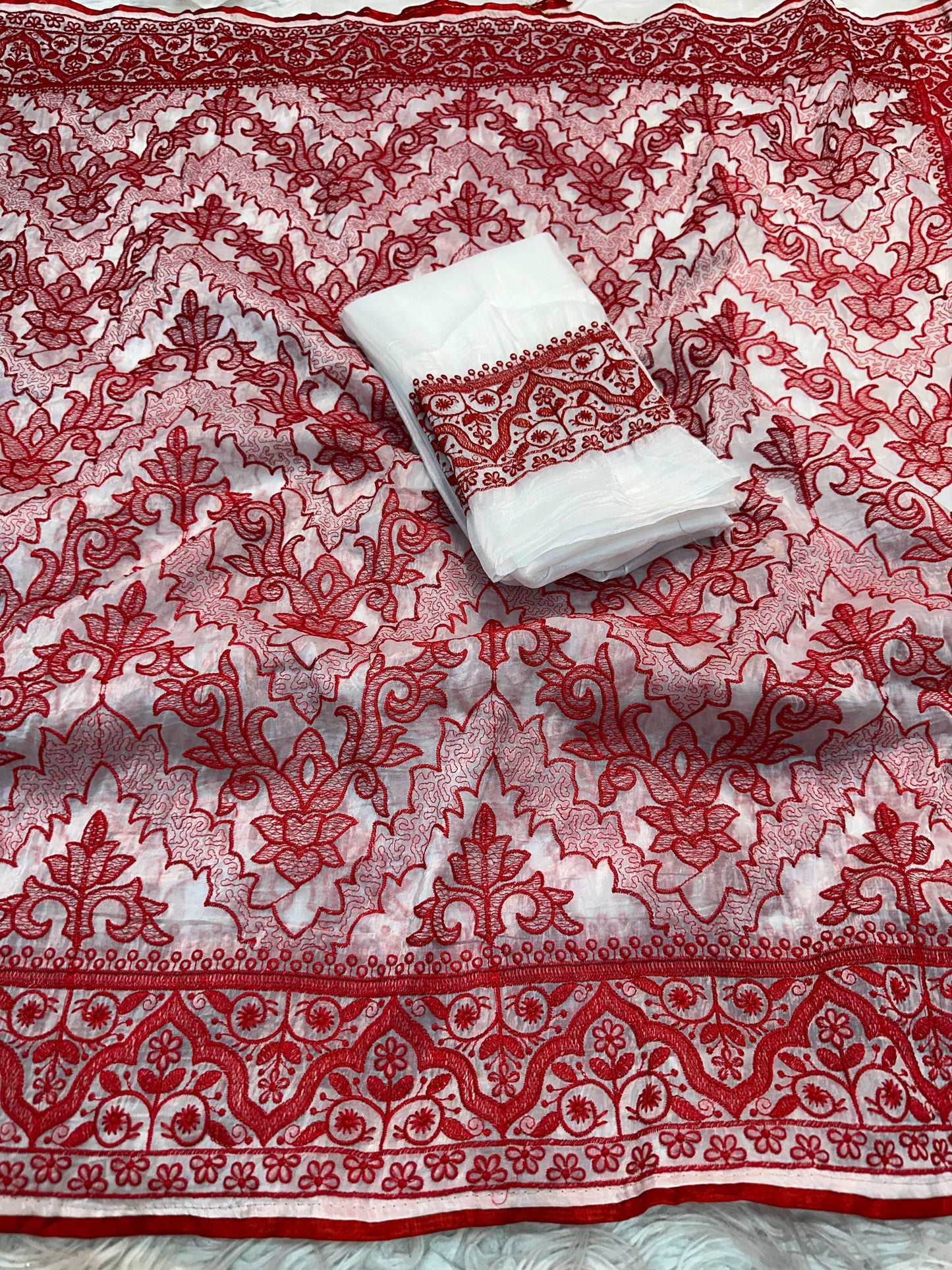 White Red Crush Silk Embroidery Saree