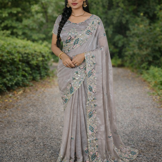 Gangaur Fandy Chiffon Saree with Sequins & Multi Thread Embroidered Border