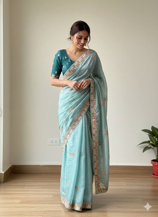 Radha Butterfly Motif Embroidered Crushed Organza Saree