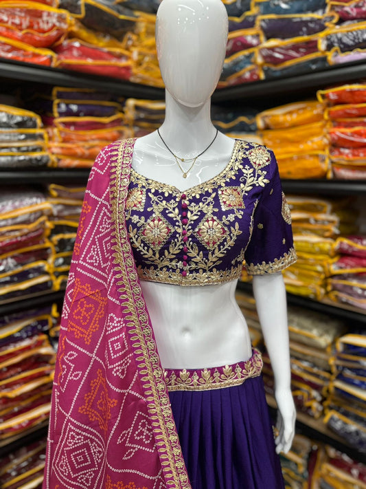Purple Chinon Embroidery Lehenga Choli with Gotta Patti Work | Full Stitched