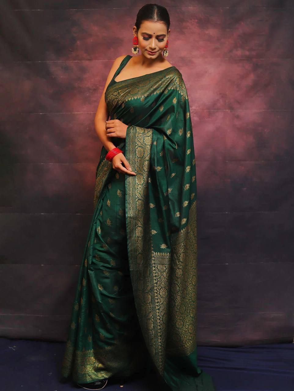 Dark Green Zari Work Saree