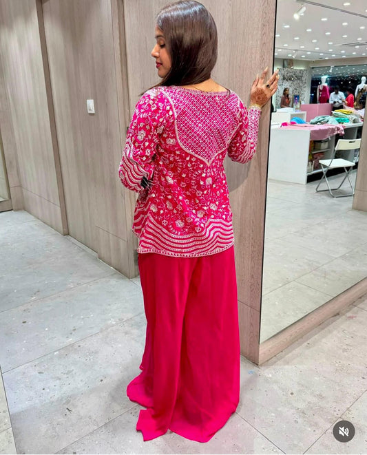 Elegant Rani Pink Embroidered Palazzo Koti Blouse Set in Chinon Silk