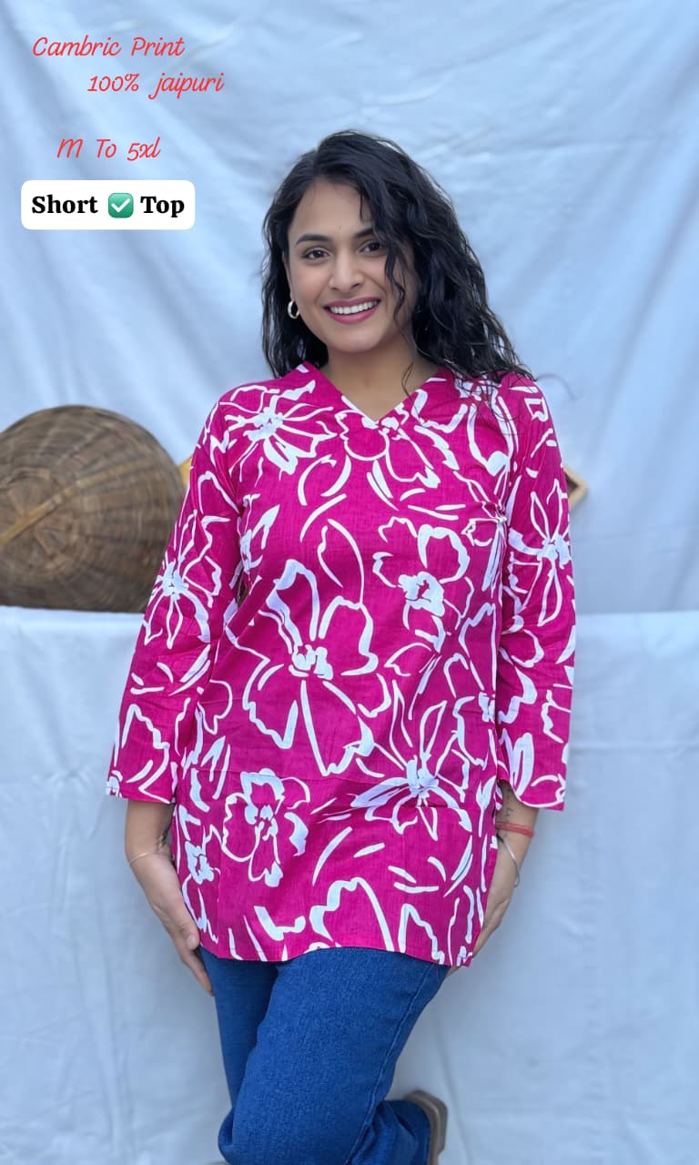 Jaipuri Cambric Cotton Printed Short Top for Women | Casual Tunic | V-Neck Daily Wear (M-5XL)