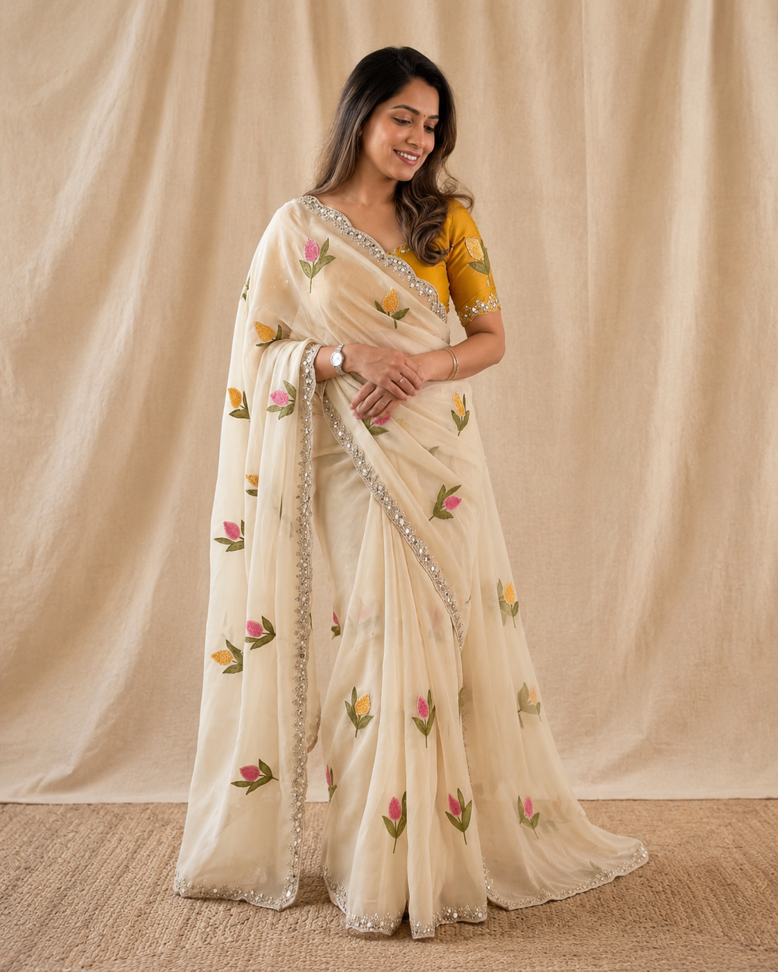 Soft Rangoli Silk Saree With Floral Embroidery & Real Mirror Work Border