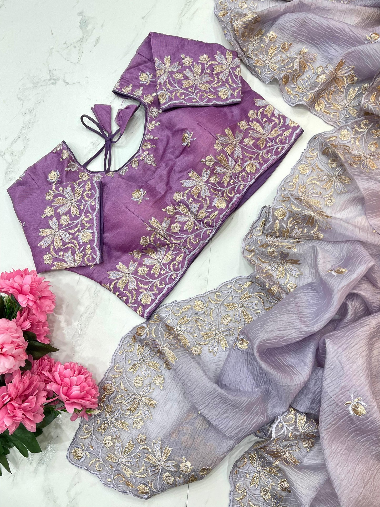 Daisy-2 Candy Crush Fabric Embroidery Saree with Stitched Blouse