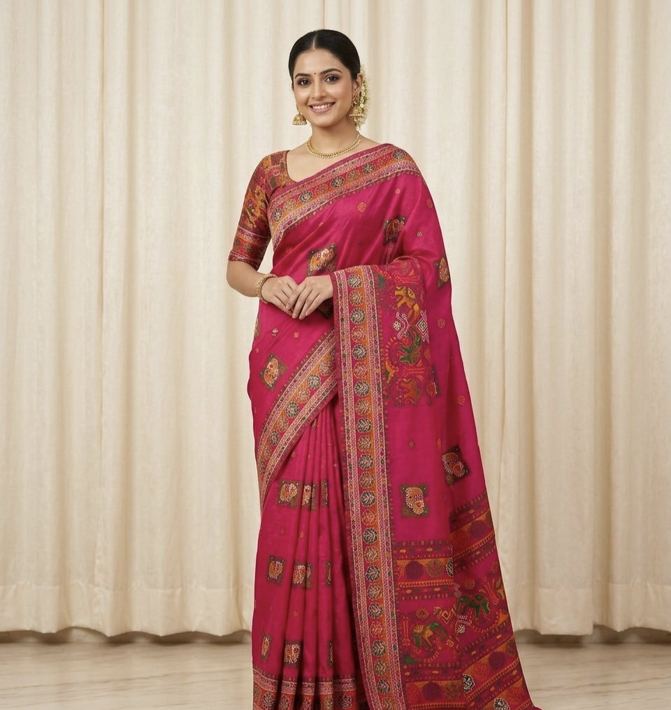 Traditional Elephant Print Silk Saree with Rich Ethnic Border