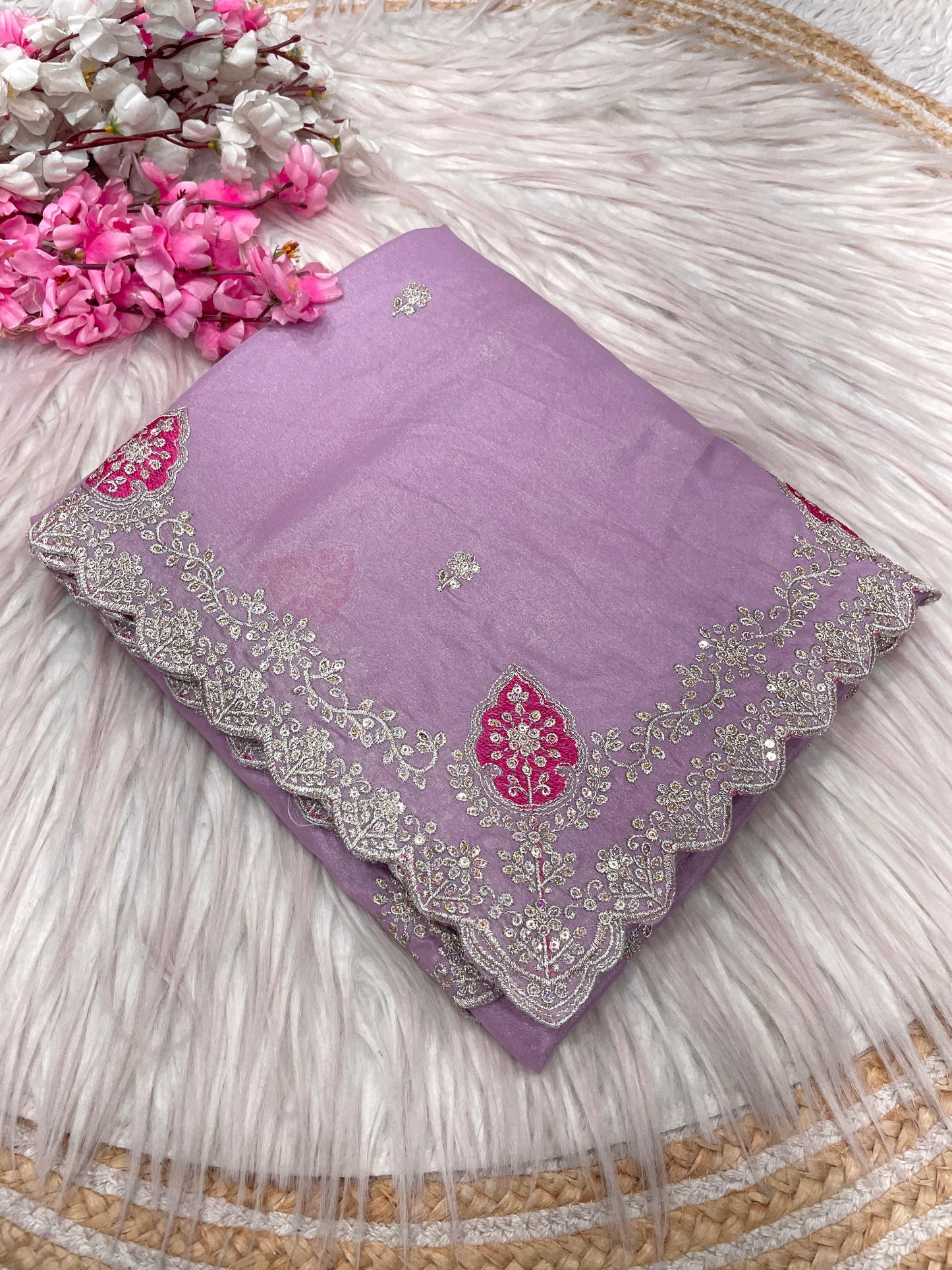 Blooming Chocolate Silk Embroidery Designer Saree With Unstitched Blouse