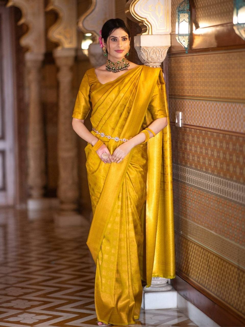 Mustard Yellow Zari Work Silk Look Saree