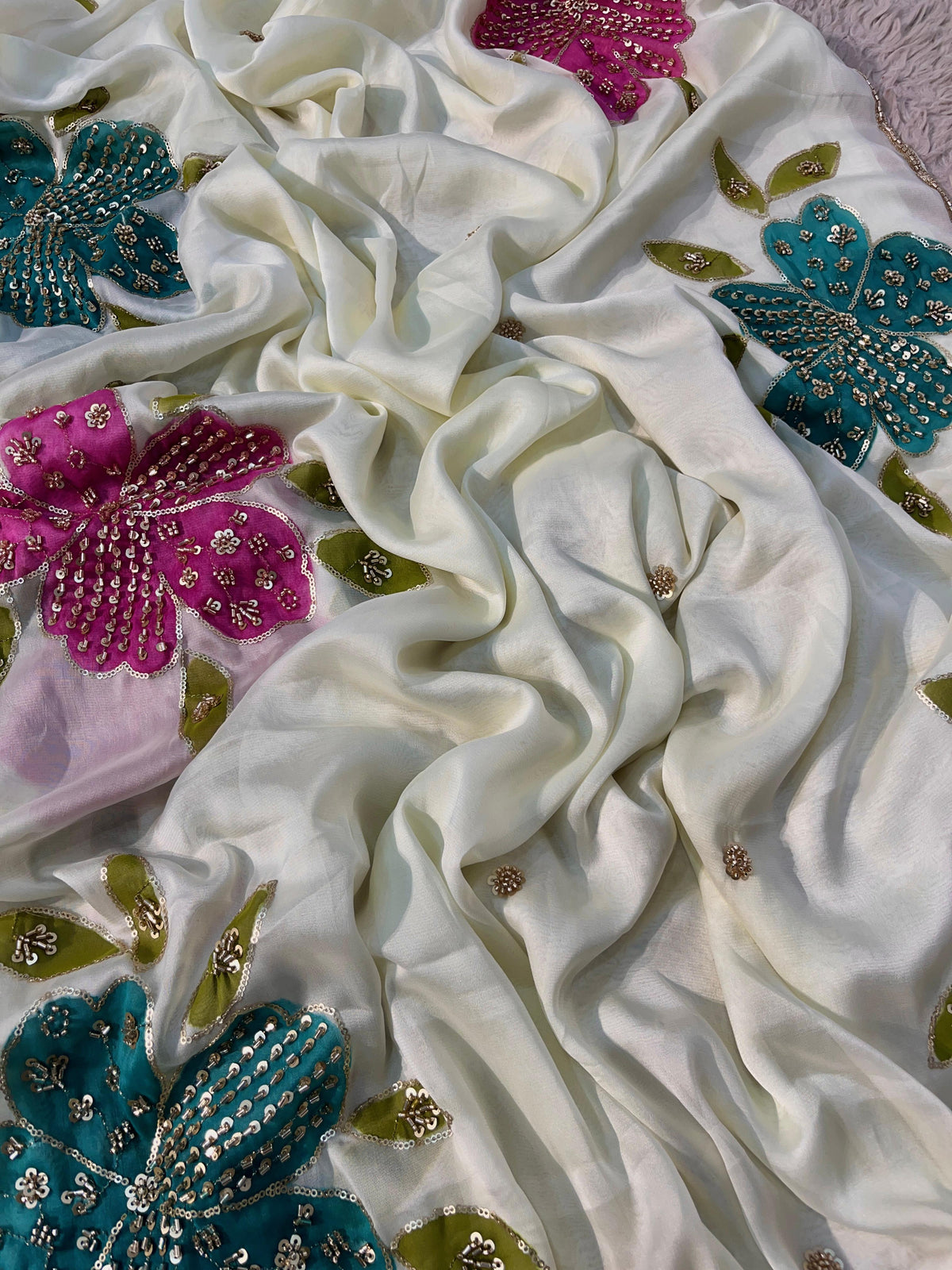 Premium Rangoli Silk Saree with Beads Work, Brush Print & Cutwork Border