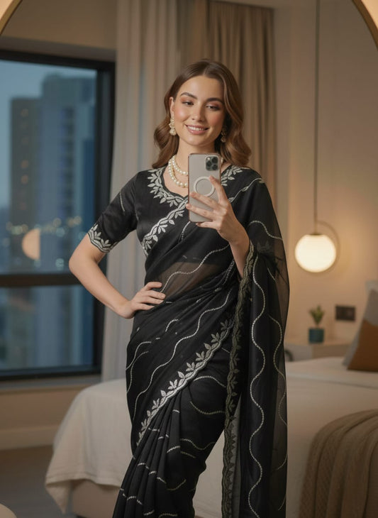 Zoya Soft Satin Silk Saree with 3MM Sequins Embroidery Border & Stitched Blouse