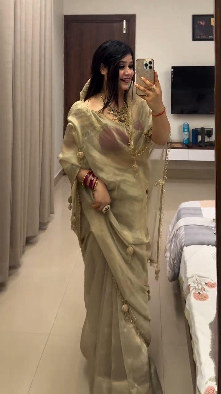 Women's Space Silk Saree with Moti Handwork Lace and Satin Blouse – Trending Party Wear Saree