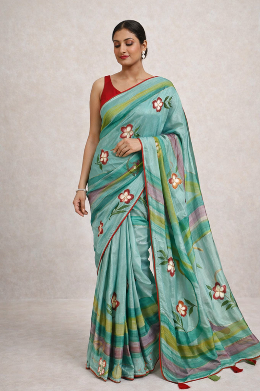 Elegant Floral Printed Soft Silk Saree with Multi Color Border
