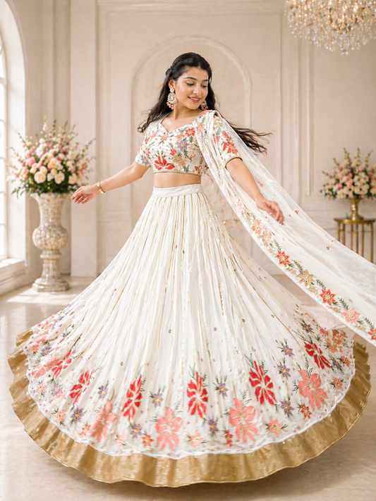 White Embroidered Georgette Lehenga Choli with Dupatta – Wedding & Festive Wear