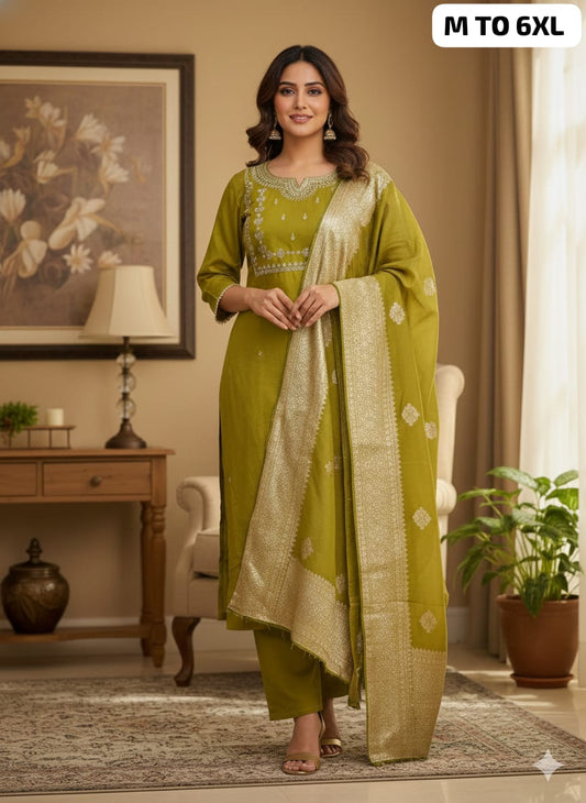 Premium Roman Silk Embroidered Kurti Pant Dupatta Set (M–6XL)