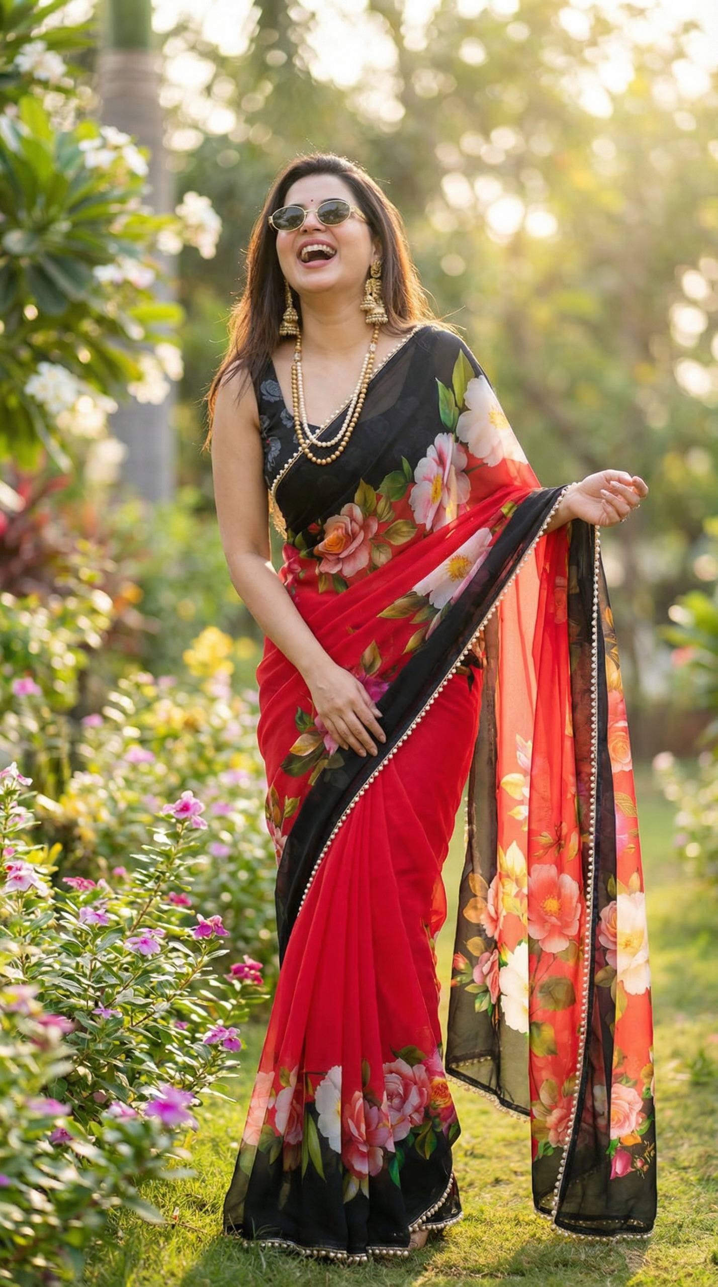 Soft Georgette Digital Print Saree With Pearl Lace Border