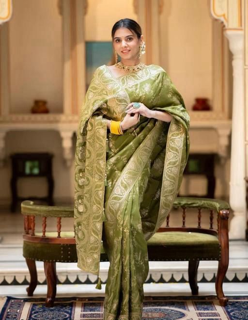 Olive Green Floral Woven Saree