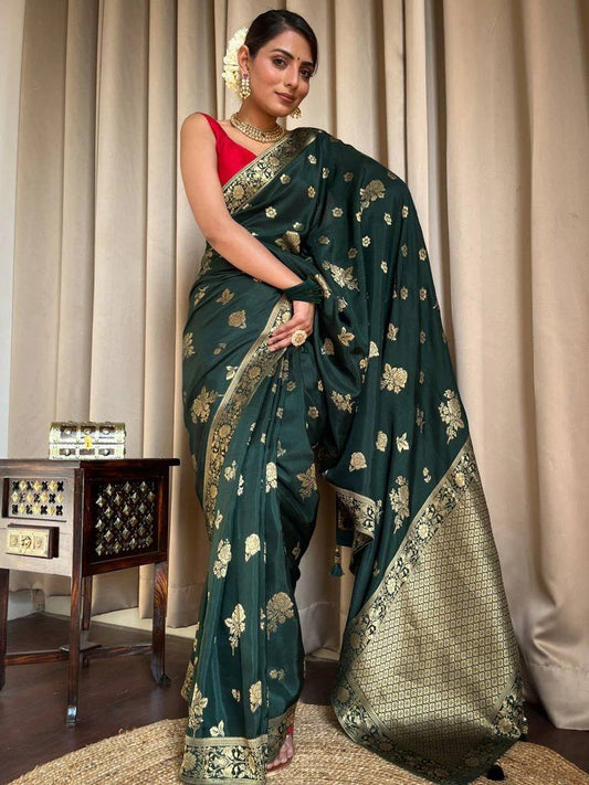 Dark Green Zari Work Festive Saree