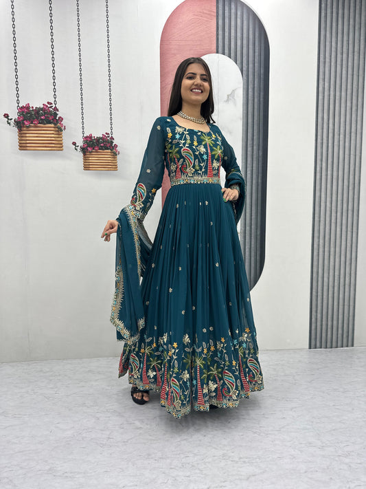 Embroidered Georgette Festive Gown with Dupatta