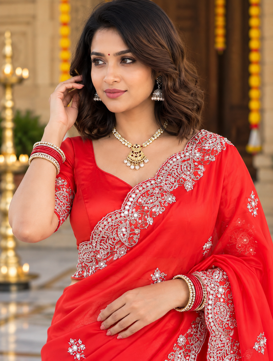 Premium Soft Tissue Silk Saree with Heavy Moti & Beads Work