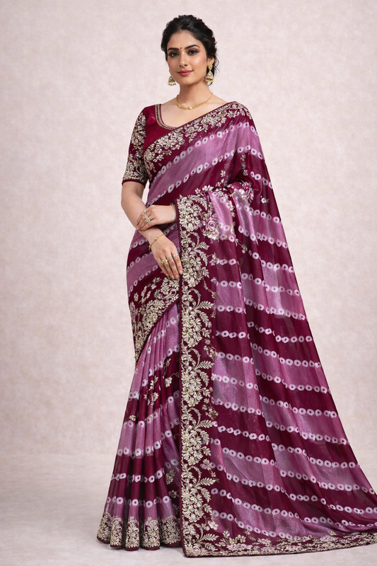 Designer Bandhej Print Silk Saree with Heavy Embroidered Floral Border