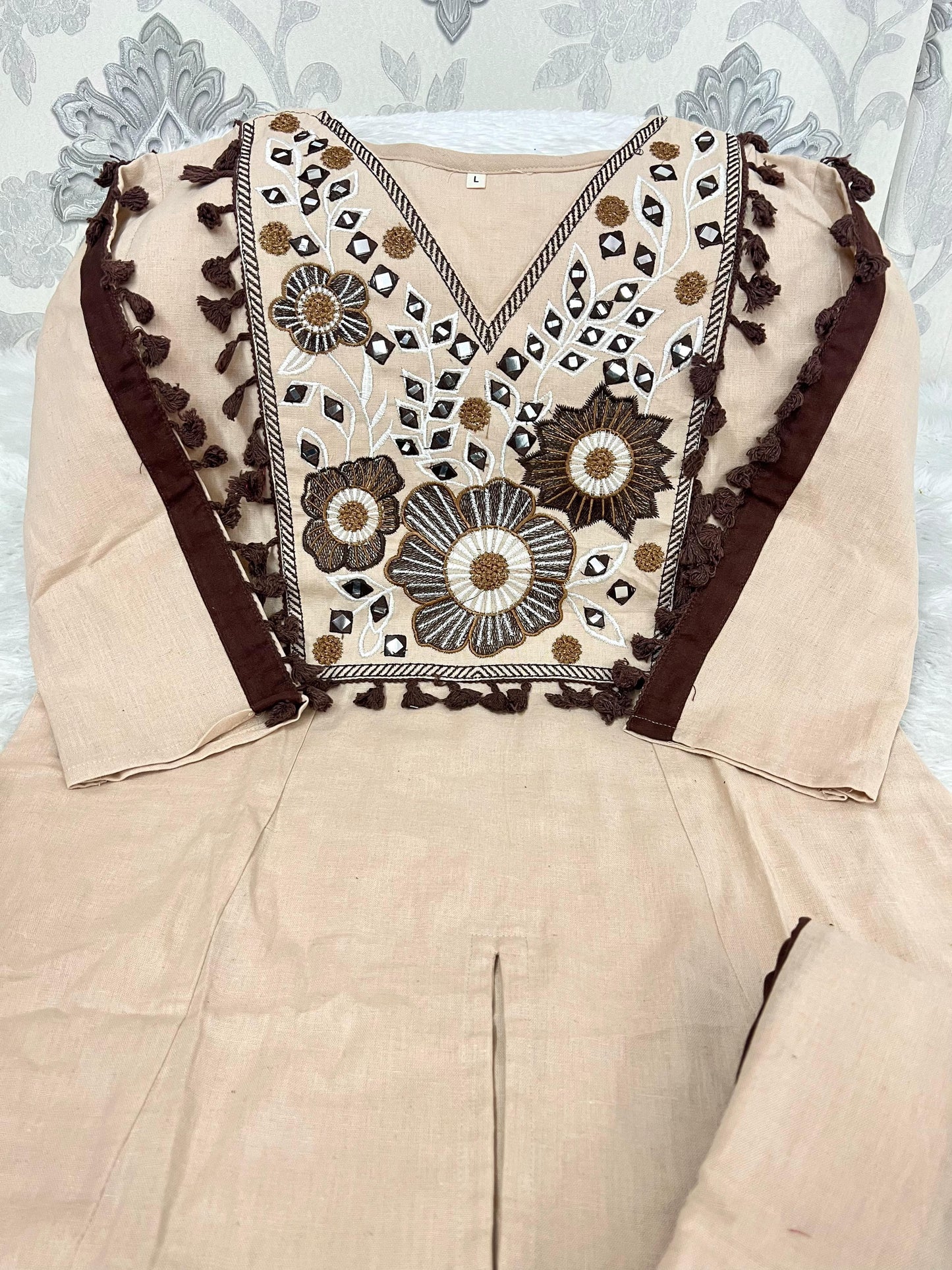 Cotton Natural Flax Mirror Work Cord-Set for Women – Embroidered Designer Top with Palazzo Pant (Cream Brown & Cream Blue)